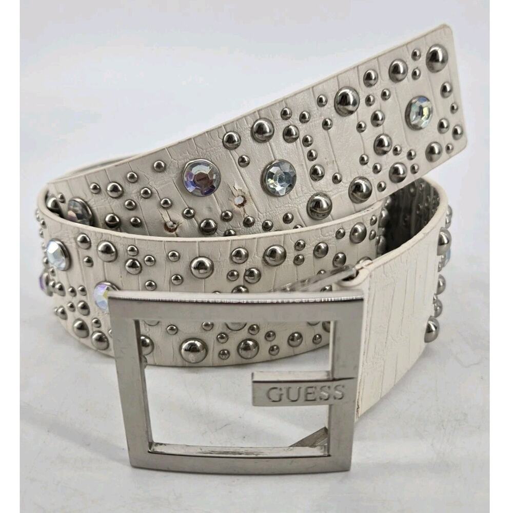 Vtg Y2K Guess Rhinestone Studded Faux Croc White Belt Sz M But Measures L / XL